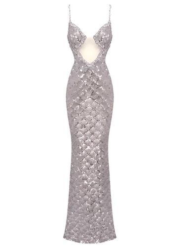 Sexy Deep-Plunge Backless Sequin Dress Mesh Sparkly Silver Maxi Long Dress Elegant Party Evening Outfits, Drestiny, Dresses, Maxi Dresses, Sleeveless, S, M, L, United States, USA, Silver, Canada, Australia, New Zealand, United Kingdom, UK, backless sequin dress, deep v sequin dress, sparkly backless dress, plunging sequin dress, sequin party dress backless, shopdrestiny.com